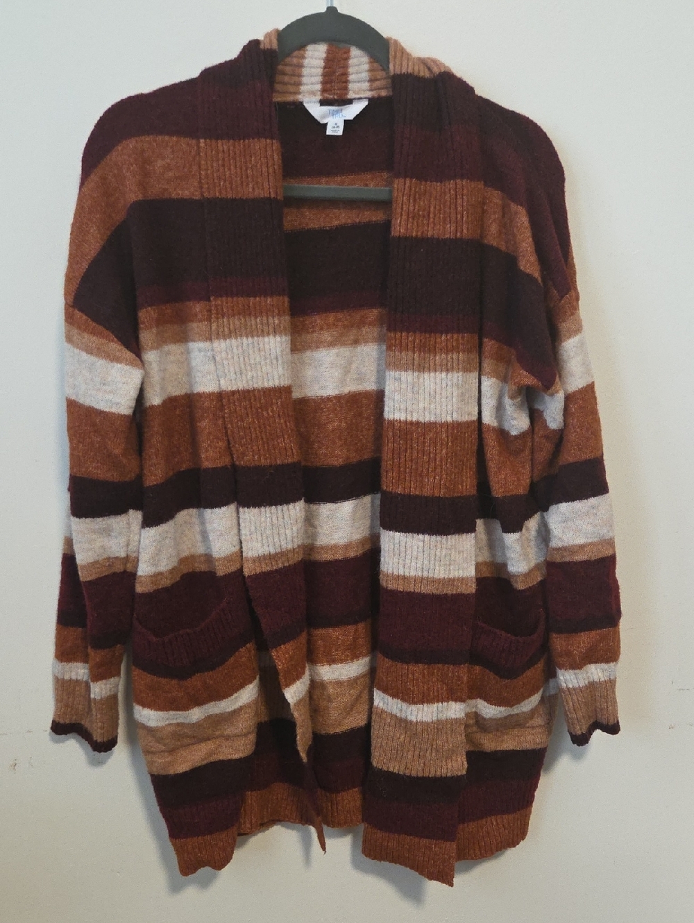 Striped Open-Front Women's Cardigan Sweater in Burgundy, Brown & Cream